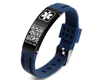 Bracelets d'alerte médicale QR Code pour hommes et femmes enfants - Bracelet en silicone - Plus d'espace Bracelet d'identification d'urgence sport réglable personnalisé