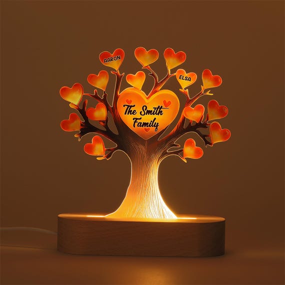 Personalized Family Tree Night Light Heart Names Up To 12 Names USB Led ...