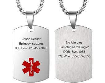 Custom Medical Alert Necklace for Men Women Stainless Steel Engraved Medical ID Tag Emergency Med Alert Necklace for Men