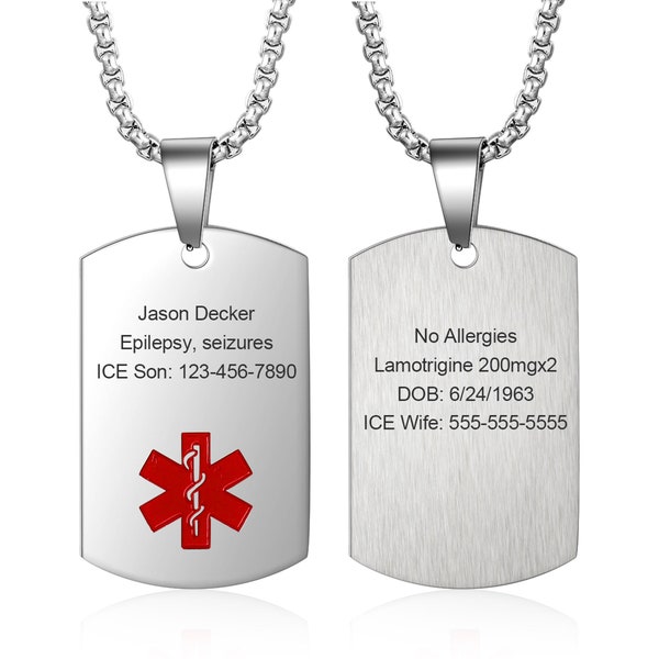 Custom Medical Alert Necklace for Men Women Stainless Steel Engraved Medical ID Tag Emergency Med Alert Necklace for Men