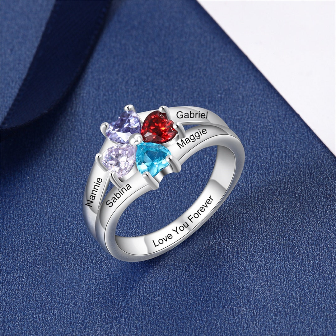 Personalized Sterling Silver Mothers Ring – Custom Engraved Ring With 4 Heart Simulated Birthstones & Names, Gift For Mom