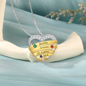 Collar con colgante de corazón personalizado con 2-5 piedras de nacimiento y nombres Collar de piedras preciosas de múltiples piedras de nacimiento Regalo para su collar del Día de la Madre
