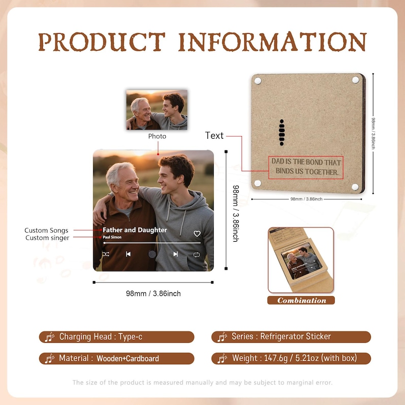 May include: A wooden and cardboard refrigerator sticker with a photo and the text "DAD IS THE BOND THAT BINDS US TOGETHER." The product is 3.86 inches square and includes a Type-C charging head. The weight is 5.21 oz.