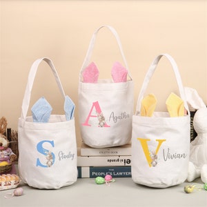 Benutzerdefinierte Initialen Name Osterkorb Personalisierte Geschenke für Kinder, für Mädchen Jungen, Namen Tag Häschen Kaninchen Ohren Design Tasche Party Tasche