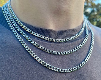 Cuban Titanium Chain Necklace Minimalist Men's Woman's Silver Choker Thick/Thin