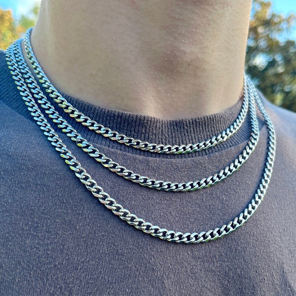 Cuban Titanium Chain Necklace Minimalist Men's Woman's Silver Choker Thick/Thin