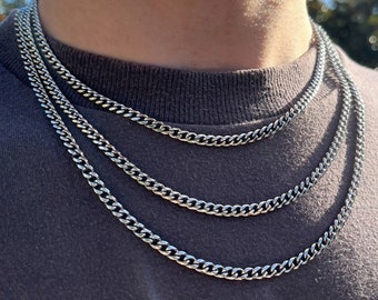 Cuban White Gold Chain Necklace, 4mm 18k Gold Plated Men’s Minimalist Chain Choker Necklace, Gift for Him