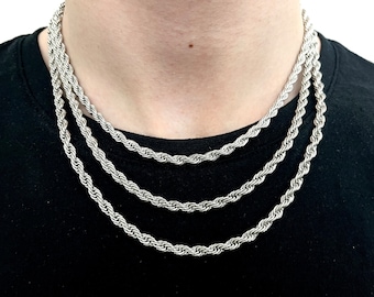 Collar de cadena de cuerda de acero inoxidable plateado, cadena minimalista, regalo para hombres y mujeres