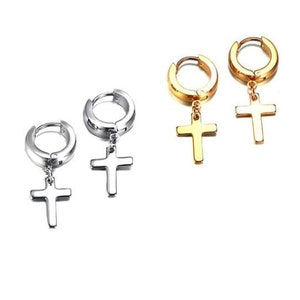 Stainless Steel Cross Earrings Minimalist Huggie Men&#39;s Dangle Hoop Earing