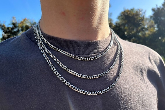 Cuban White Gold Chain Necklace, 4mm 18k Gold Plated Mens