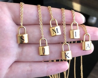 Personal initial in lock necklace | Gold Lovk Necklace | Initial Tag Necklace | Personalized Gold Tag Necklace | Personalized Mom Gift |