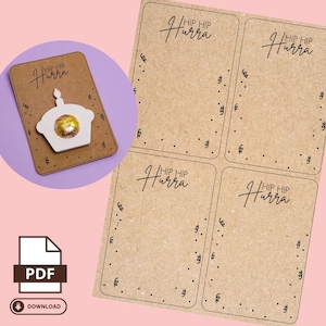 May include: Four printable cards with a brown background and black polka dots. Each card has the text "HIP HIP Hurra" written in black cursive. The cards are designed for a birthday party.