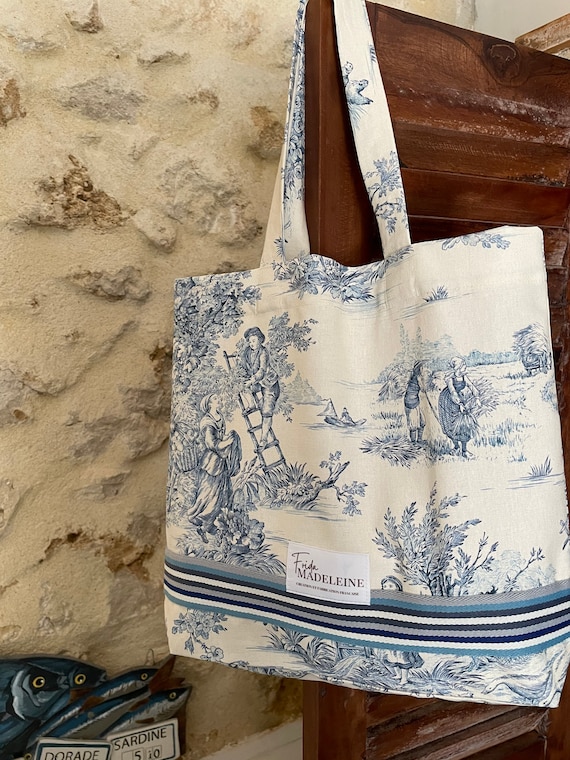 Marcel Tote Bag in Ecru and Blue Jouy Canvas