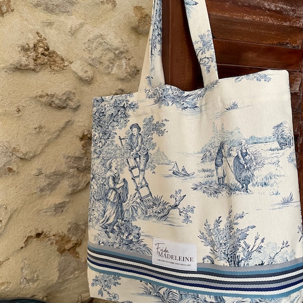 Tote Bag Marcel Écru et Bleu en toile de Jouy