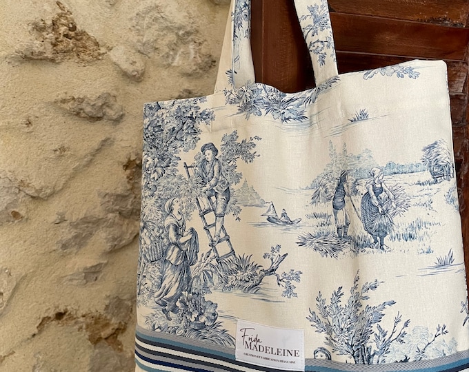 Ecru and Blue Marcel Tote Bag in toile de Jouy