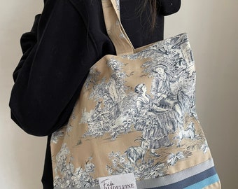 Tote Bag Marcel Beige et Bleu en Toile de Jouy