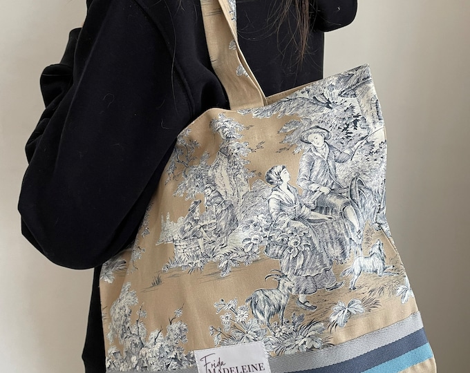 Beige and Blue Marcel Tote Bag in Toile de Jouy