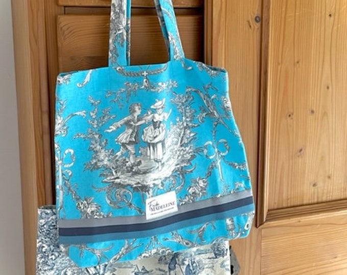 Marcel Turquoise Tote Bag in Toile de Jouy