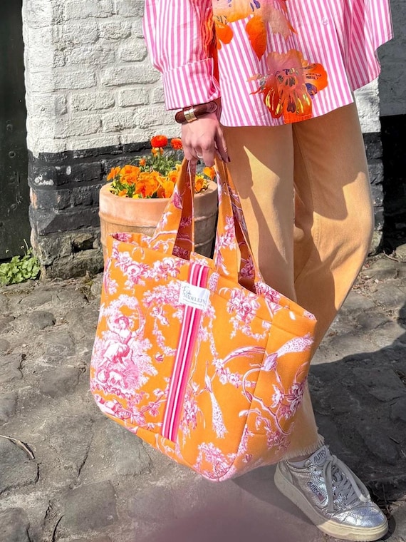 Cabas Émile Orange en toile de Jouy