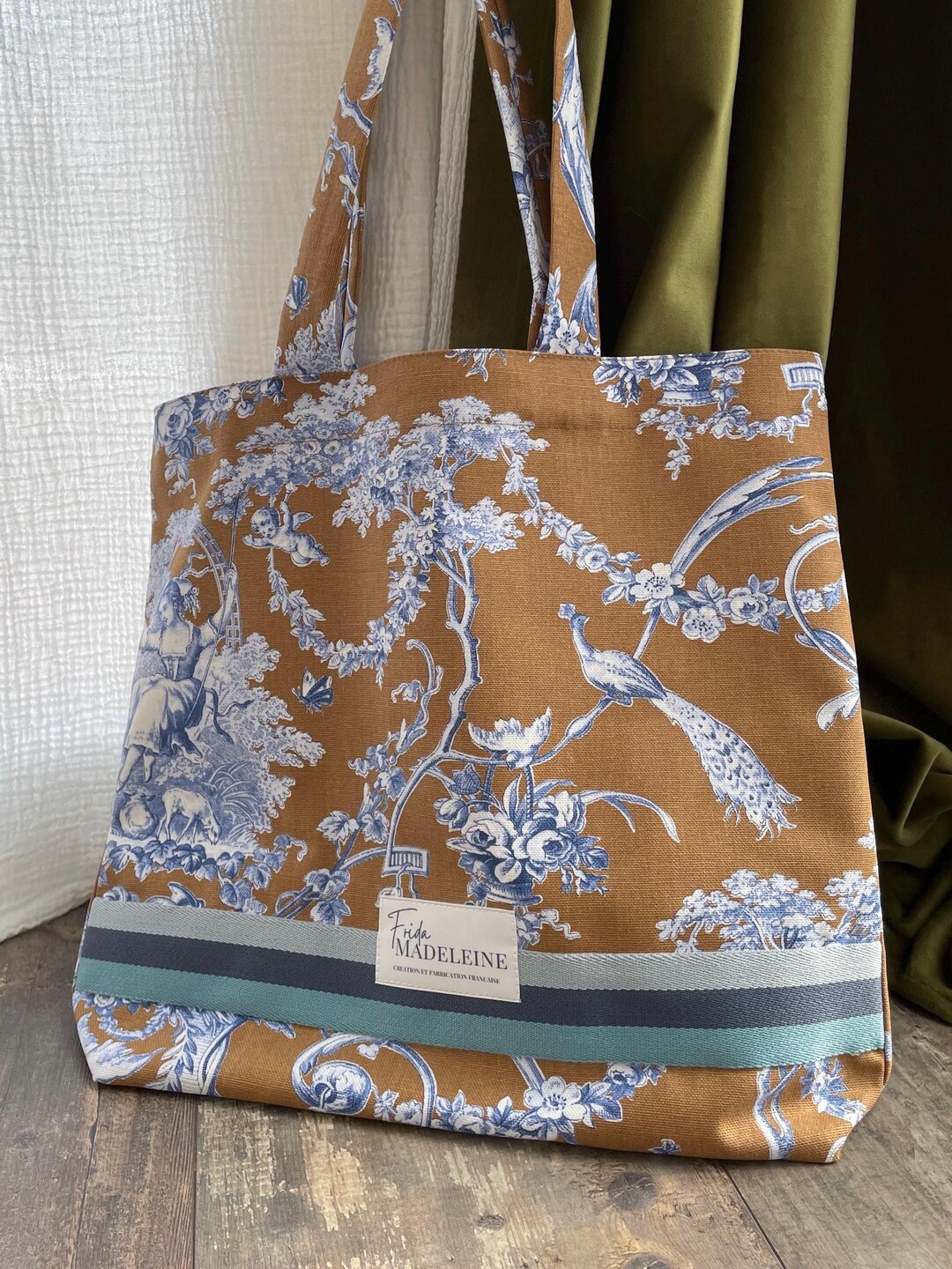 Marcel Camel and Blue Tote Bag in Toile De Jouy