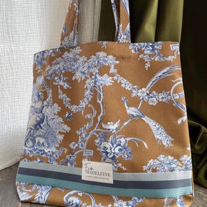 Tote Bag Marcel Camel et Bleu en Toile de Jouy