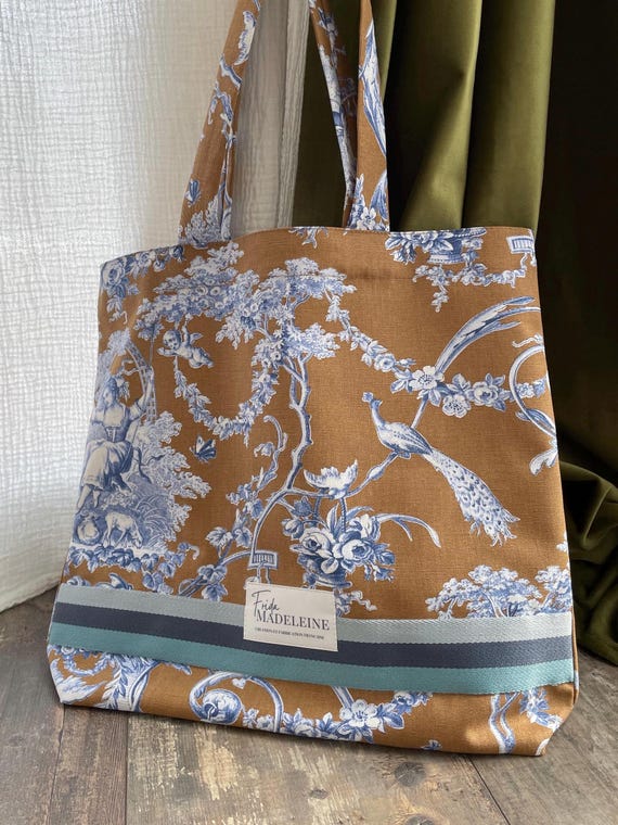 Marcel Camel and Blue Tote Bag in Toile de Jouy