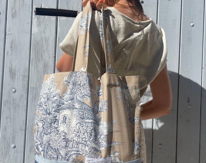 Beige and Blue Marcel Tote Bag in Toile de Jouy