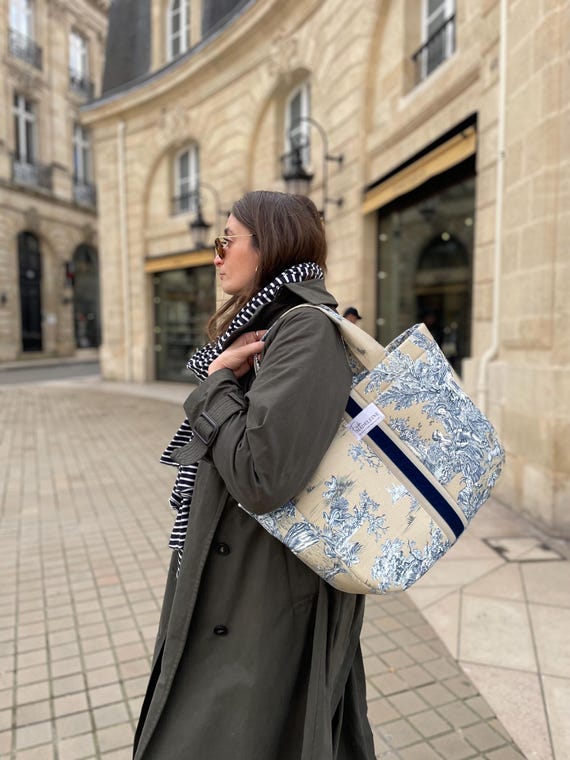 Emile Beige and Blue Toile de Jouy Tote Bag
