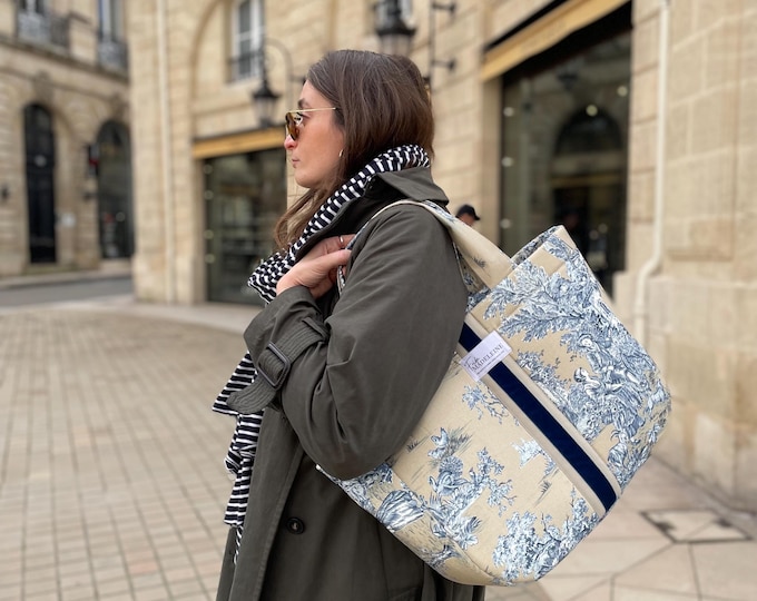 Emile Beige and Blue Toile de Jouy Tote Bag