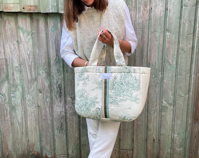 Émile Ecru and Green Jouy Canvas Tote Bag