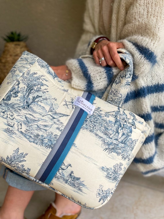 Cabas Émile Ecru et Bleu en toile de Jouy