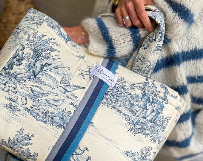 Emile Ecru and Blue Tote Bag in Jouy Canvas