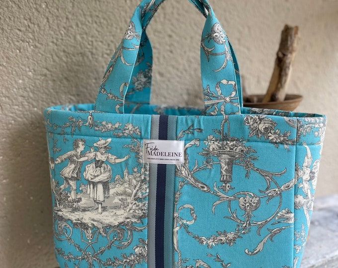 Turquoise Émile tote bag in Toile dé Jouy