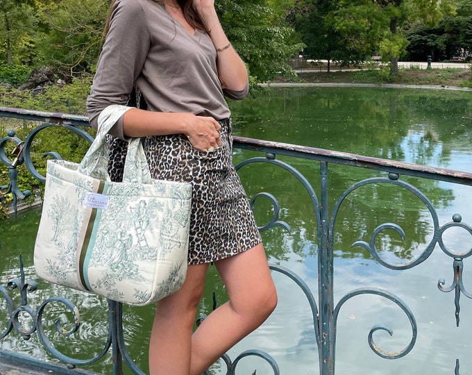 Émile Ecru and Green Tote Bag in Jouy Canvas
