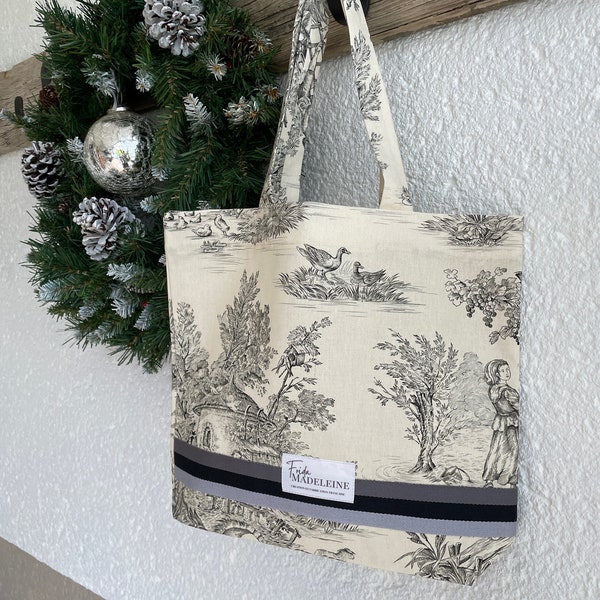 Tote Bag Marcel Écru et Noir en Toile de Jouy