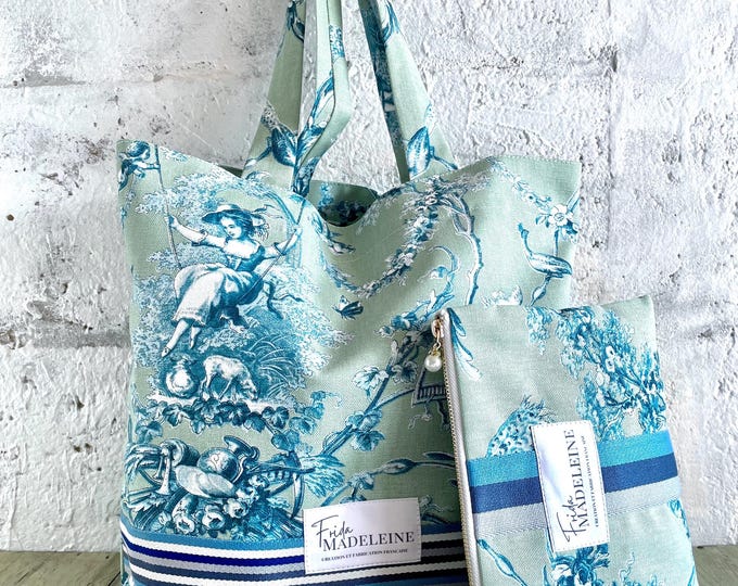 Marcel Tote Bag in Water Green Jouy Canvas