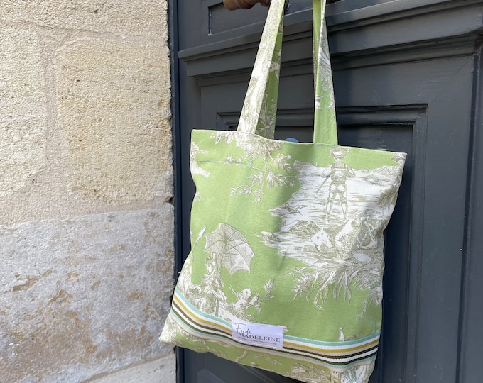 Spring Green Marcel Tote Bag in Toile de Jouy