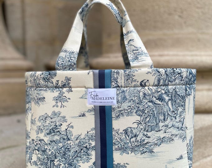 Cabas Émile Ecru et Bleu en Toile de Jouy