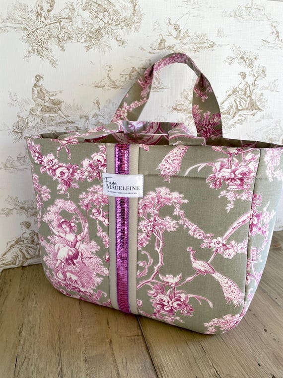 Emile Lilas and Linen Toile de Jouy Tote Bag