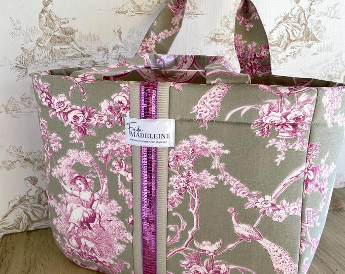 Emile Lilas and Linen Toile de Jouy Tote Bag