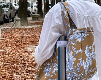 Brown and Blue Émile Tote Bag in Toile de Jouy