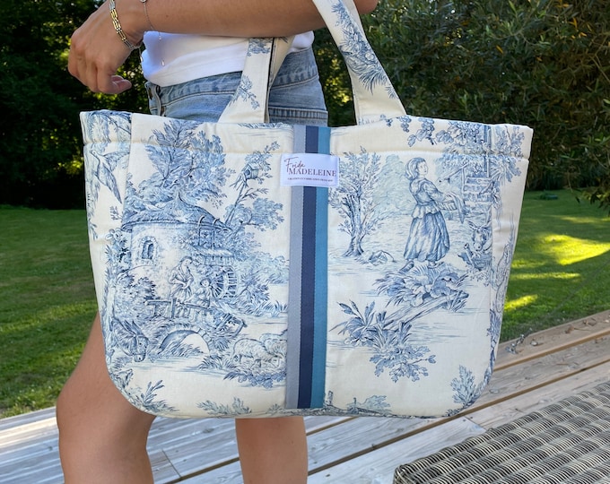 Emile Ecru and Blue Jouy Canvas Tote Bag