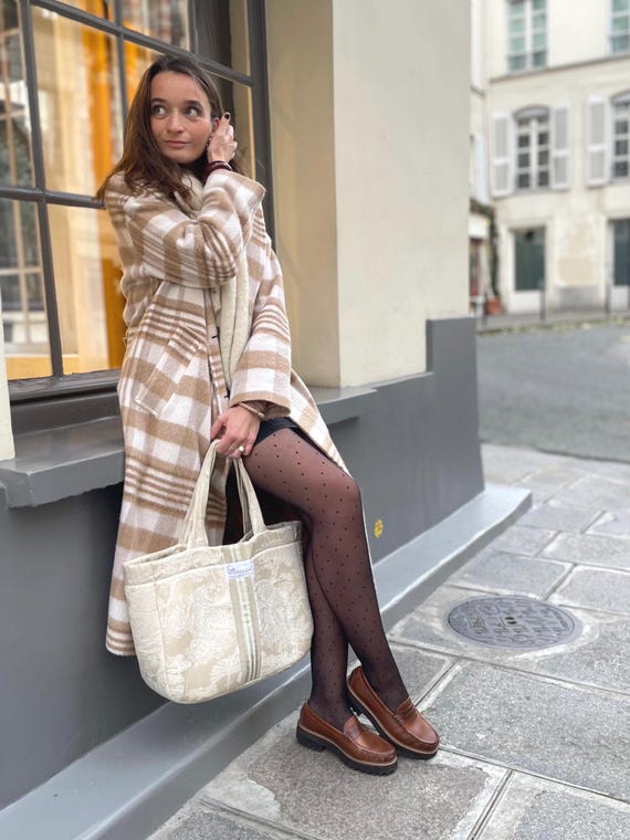 Cabas Émile Beige en toile de Jouy