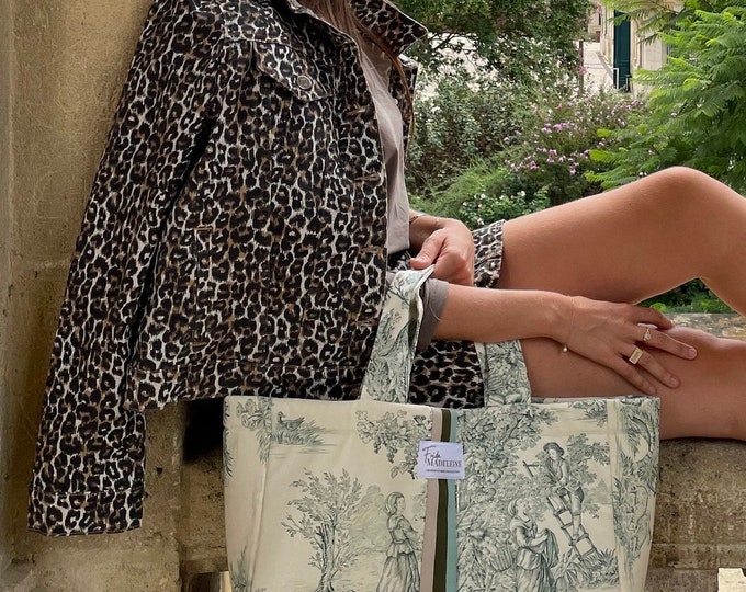 Cabas Émile Ecru et Vert en toile de Jouy