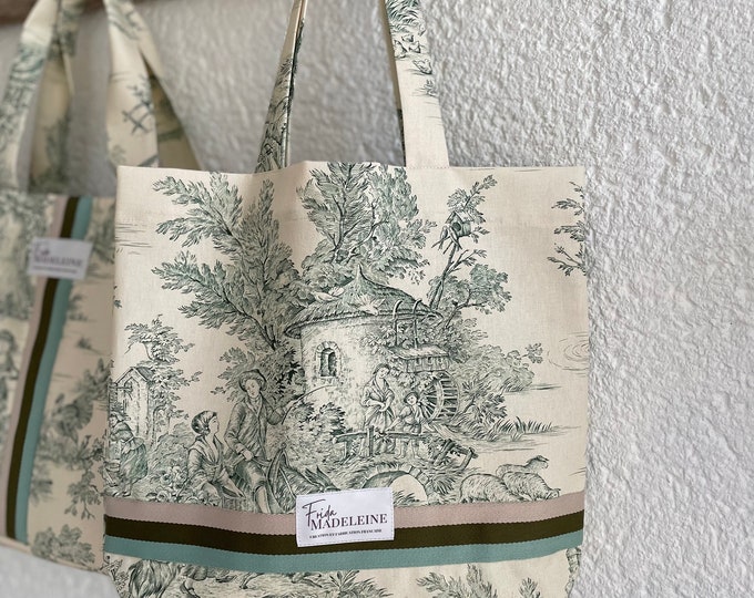 Marcel Tote Bag in Green Toile de Jouy