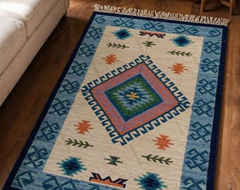 Hand Woven Kilim Rug Blue Ivory | Geometric Tribal Area Rug | Boho Wool Carpet | Southwestern Living Room Decor