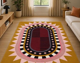 Moderner abstrakter geometrischer Teppich, Boho-Stil, auffällige Bodendekoration in Senfrosa