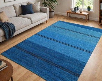 Blue Hand Tufted Wool Area Rug, Modern Abstract Living Room Rug, Handmade Contemporary Carpet, Custom Size Home Decor