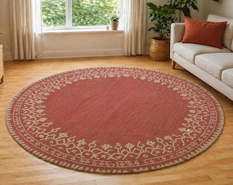 Hand Tufted Round Wool Rug, Terracotta Rust & Beige Area Rug, Handmade Circular Carpet