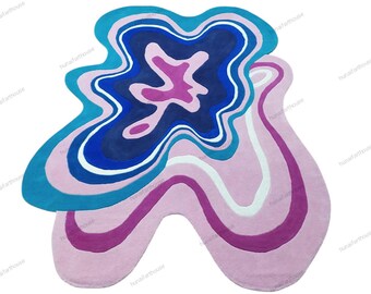 Hand Tufted Wool Rug – Abstract Swirling Pool Design, Pink Blue Area Carpet